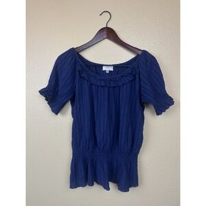 OSO Casuals Blouse 100% Cotton Gauze Navy Blue Woven Top Size M Off The Shoulder